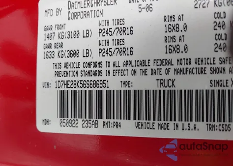 2006 Dodge Dakota St z USA, uszkodzony, nr VIN 1D7HE28K56S686951